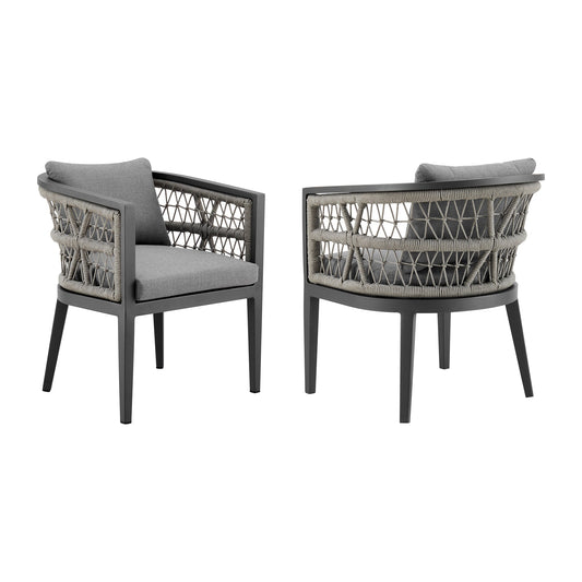 Zella Outdoor Patio Dining Chair in Aluminum with Light Gray Rope and Earl Gray Cushions - Set of 2