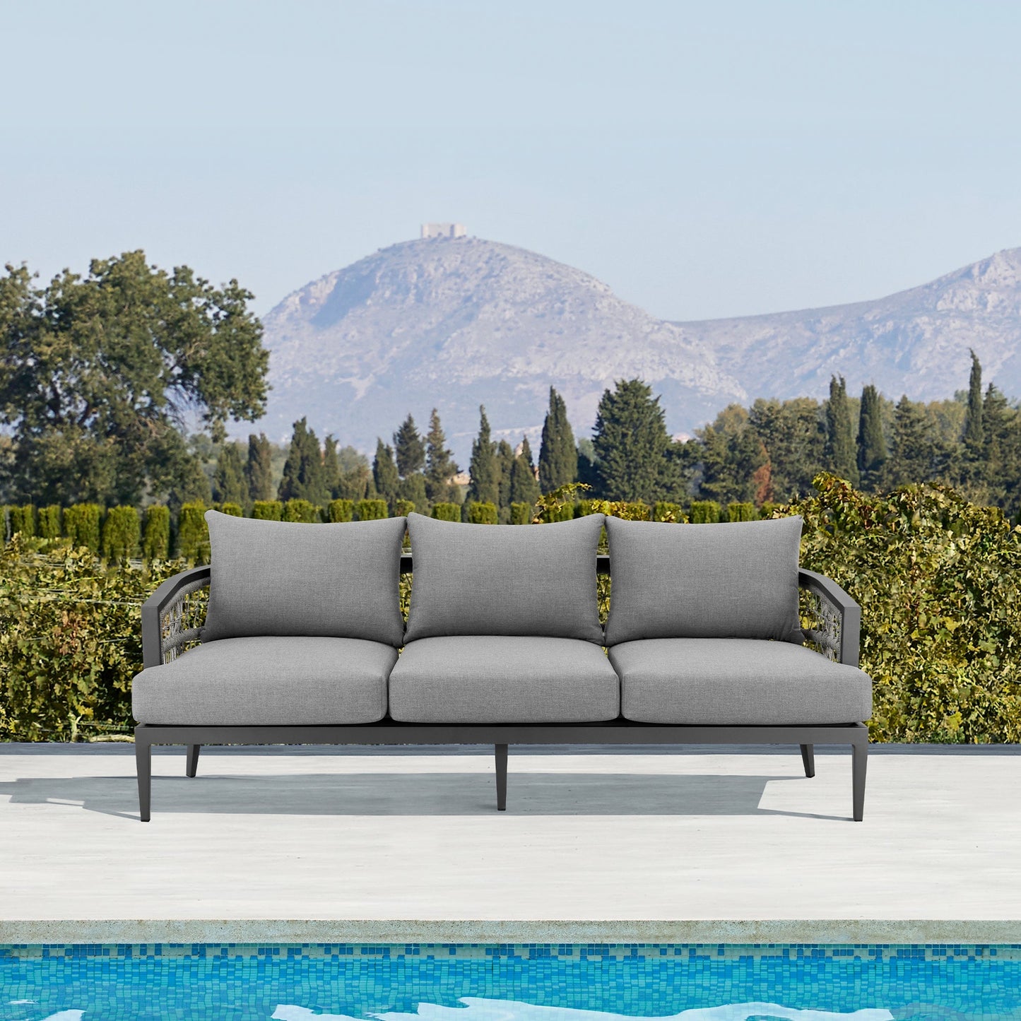 Zella Outdoor Patio Sofa in Aluminum with Light Gray Rope and Earl Gray Cushions