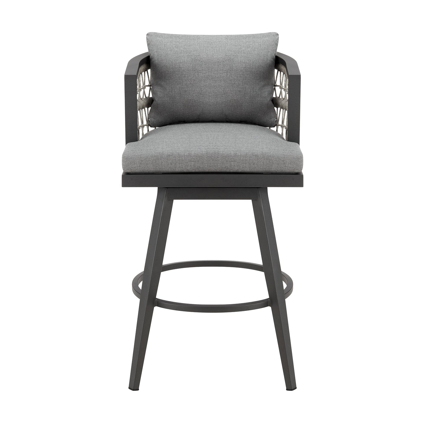 Zella Outdoor Patio Swivel Counter Stool in Aluminum with Light Gray Rope and Earl Gray Cushions