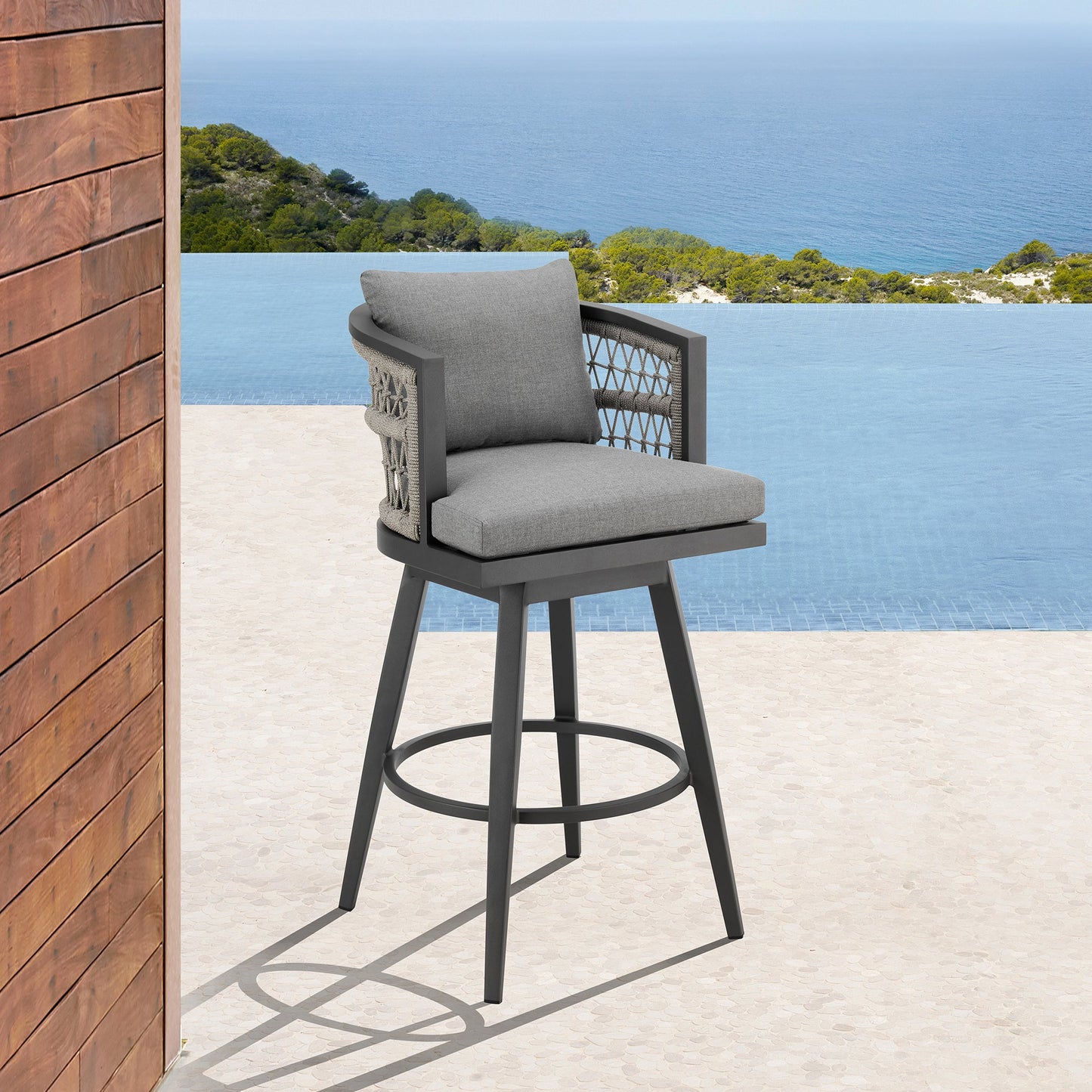 Zella Outdoor Patio Swivel Counter Stool in Aluminum with Light Gray Rope and Earl Gray Cushions