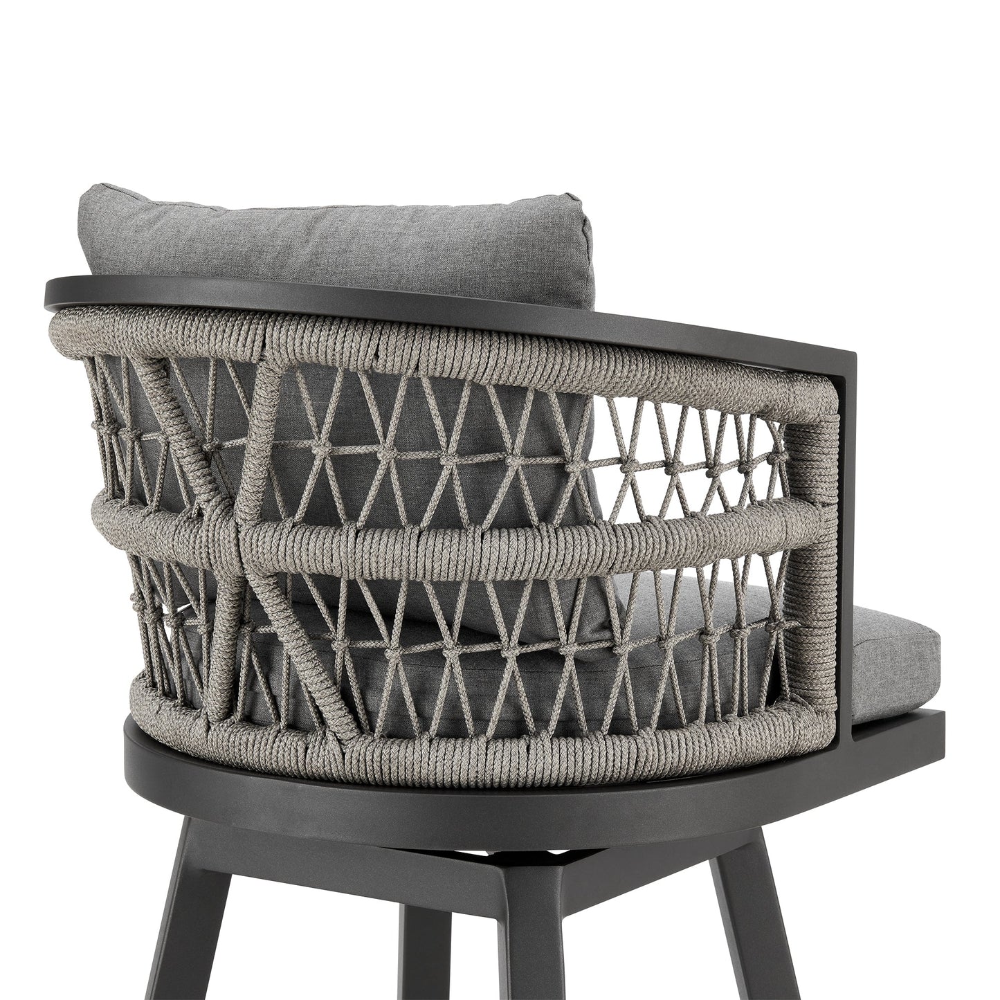 Zella Outdoor Patio Swivel Bar Stool in Aluminum with Light Gray Rope and Earl Gray Cushions