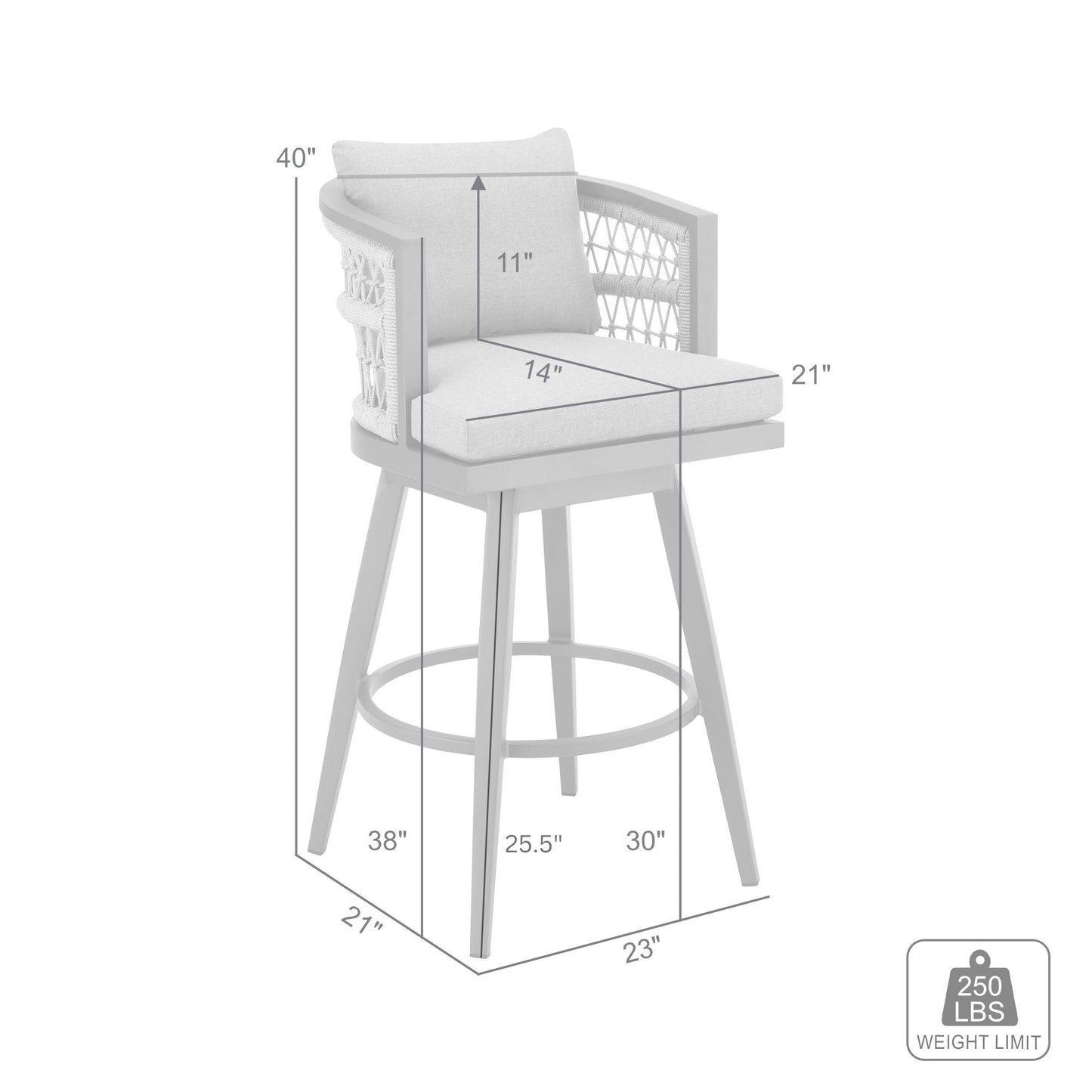 Zella Outdoor Patio Swivel Bar Stool in Aluminum with Light Gray Rope and Earl Gray Cushions