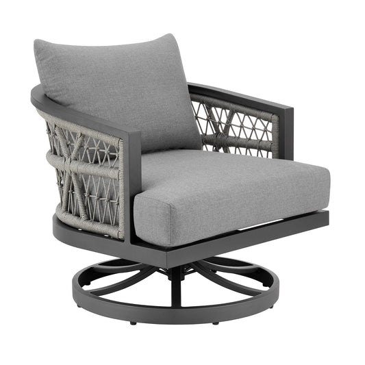 Zella Outdoor Patio Swivel Armchair in Aluminum with Light Gray Rope and Earl Gray Cushions