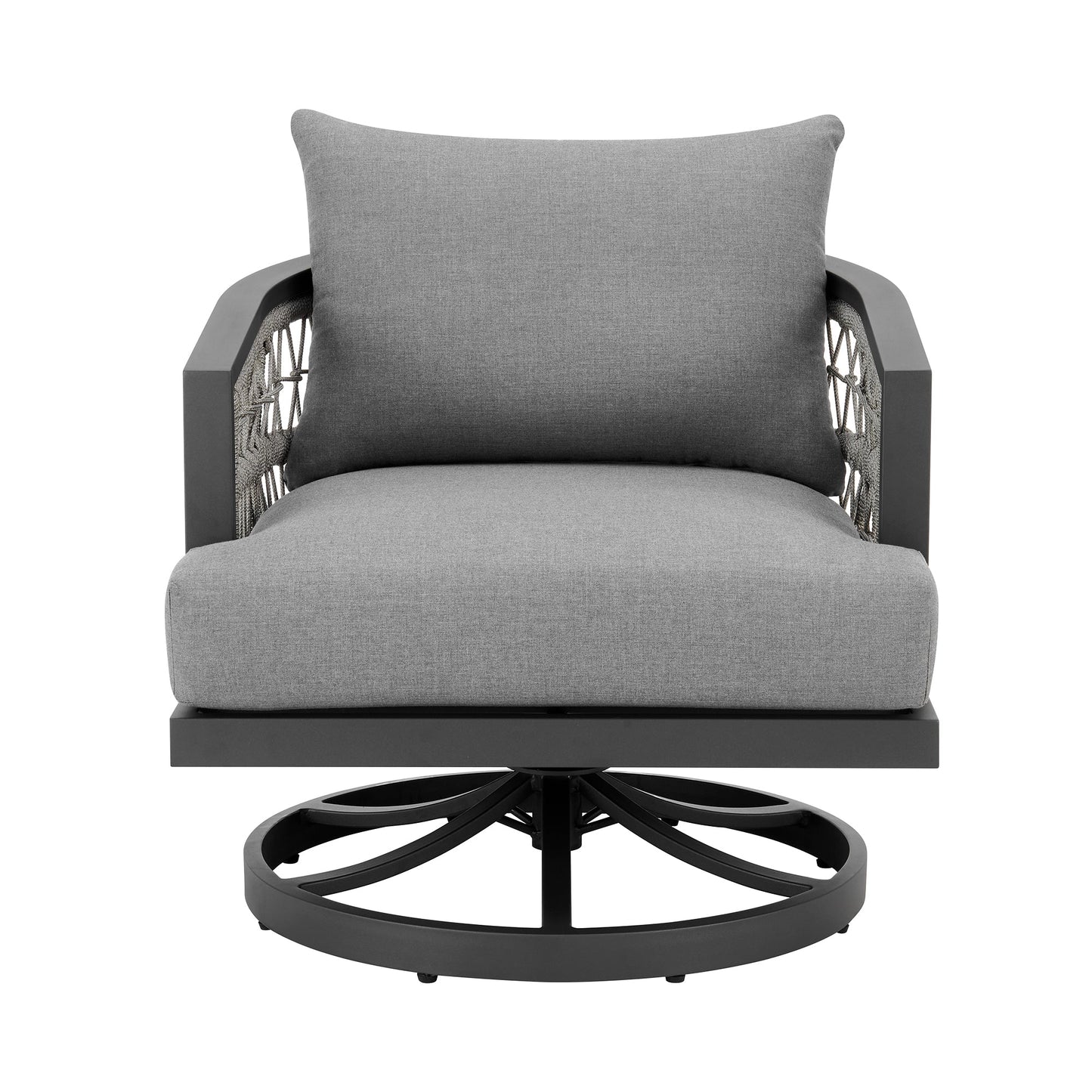 Zella Outdoor Patio Swivel Armchair in Aluminum with Light Gray Rope and Earl Gray Cushions