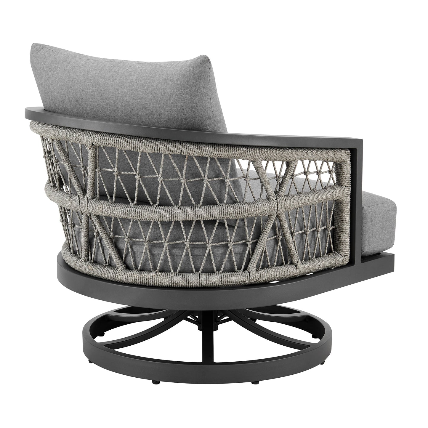 Zella Outdoor Patio Swivel Armchair in Aluminum with Light Gray Rope and Earl Gray Cushions