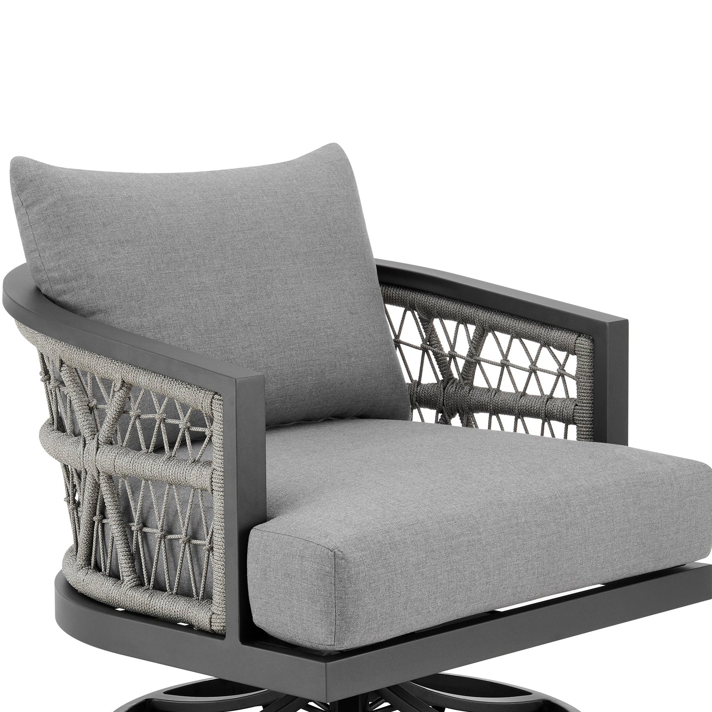 Zella Outdoor Patio Swivel Armchair in Aluminum with Light Gray Rope and Earl Gray Cushions