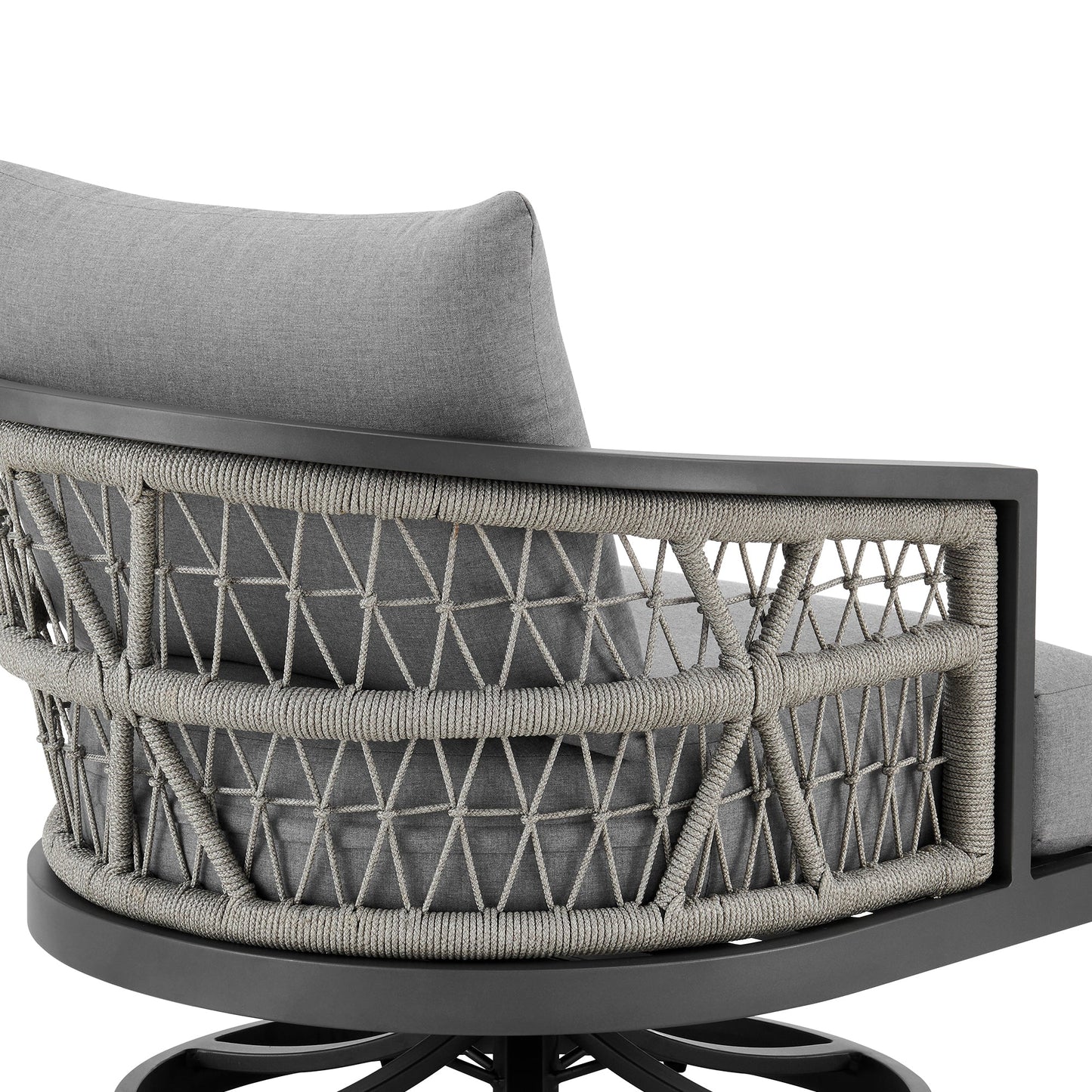 Zella Outdoor Patio Swivel Armchair in Aluminum with Light Gray Rope and Earl Gray Cushions