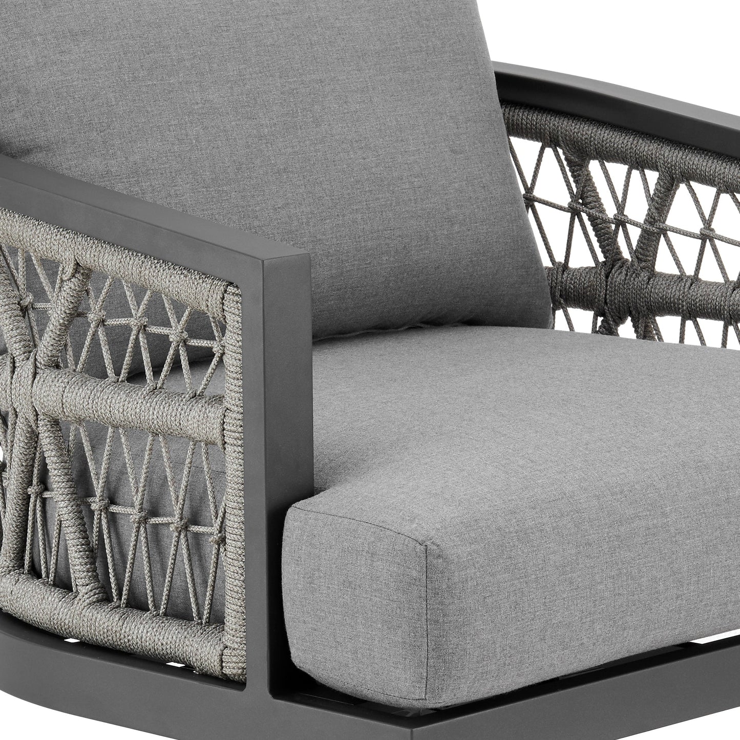 Zella Outdoor Patio Swivel Armchair in Aluminum with Light Gray Rope and Earl Gray Cushions