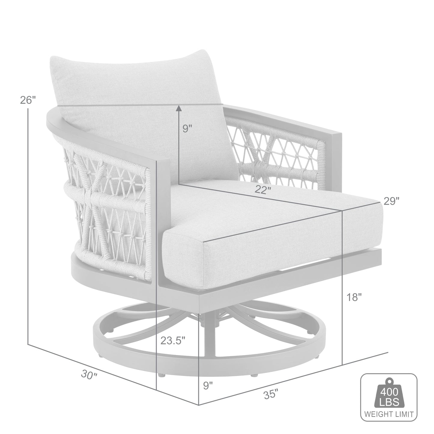 Zella Outdoor Patio Swivel Armchair in Aluminum with Light Gray Rope and Earl Gray Cushions