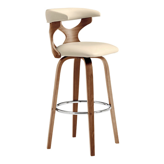 Zenia 26" Swivel Counter Stool in Cream Faux Leather and Walnut Wood