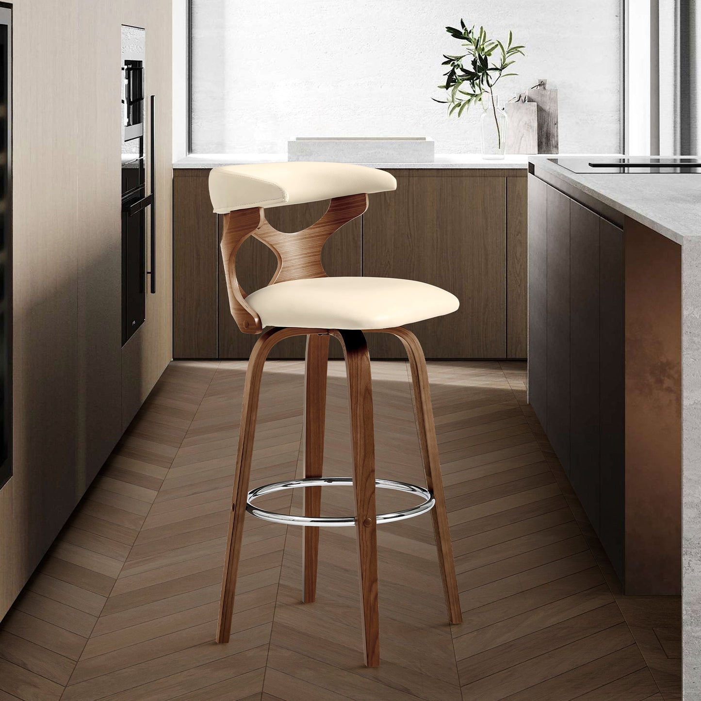 Zenia 26" Swivel Counter Stool in Cream Faux Leather and Walnut Wood