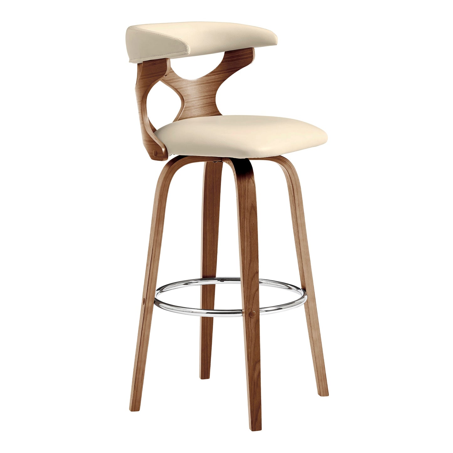 Zenia 30" Swivel Bar Stool in Cream Faux Leather and Walnut Wood