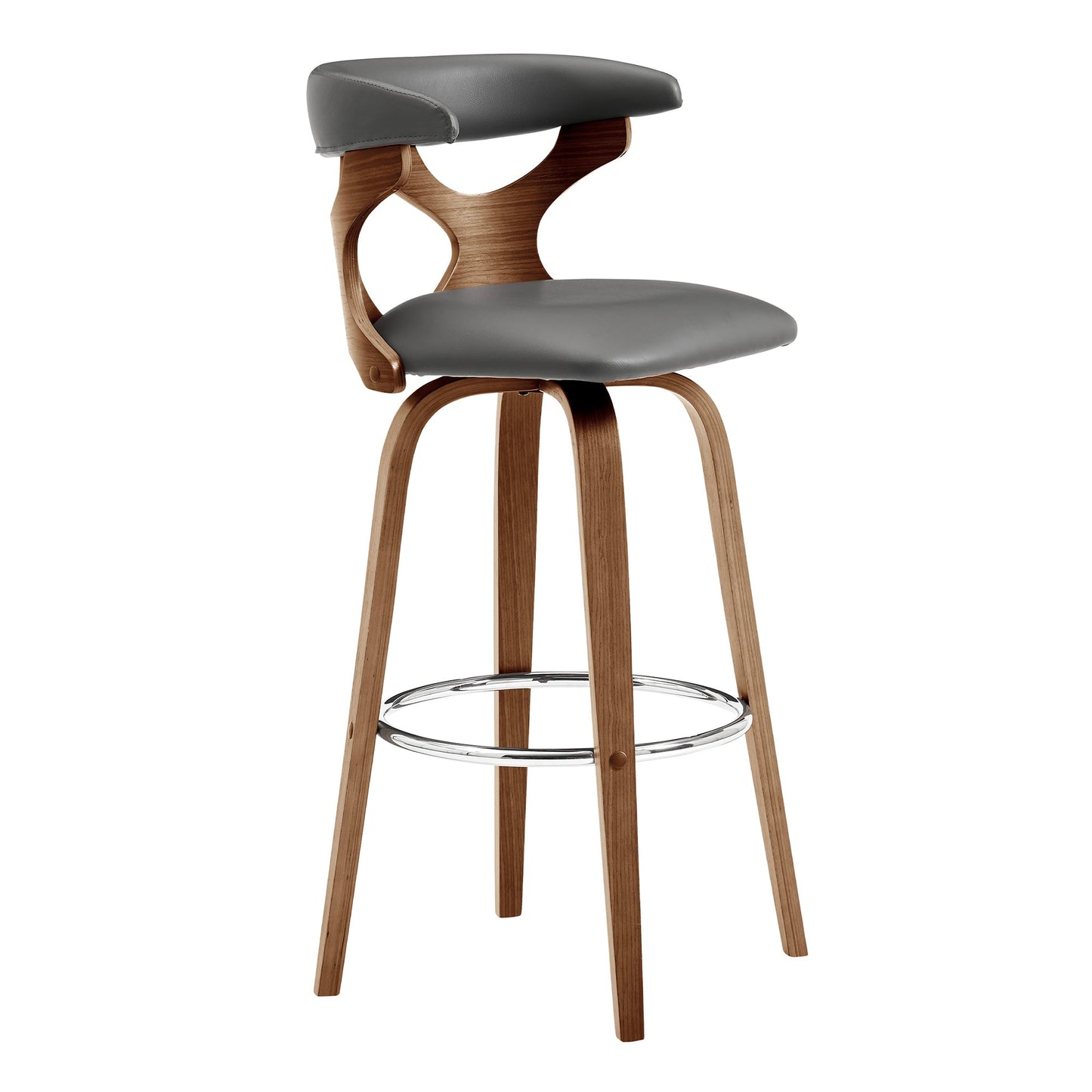 Zenia 26" Swivel Counter Stool in Gray Faux Leather and Walnut Wood