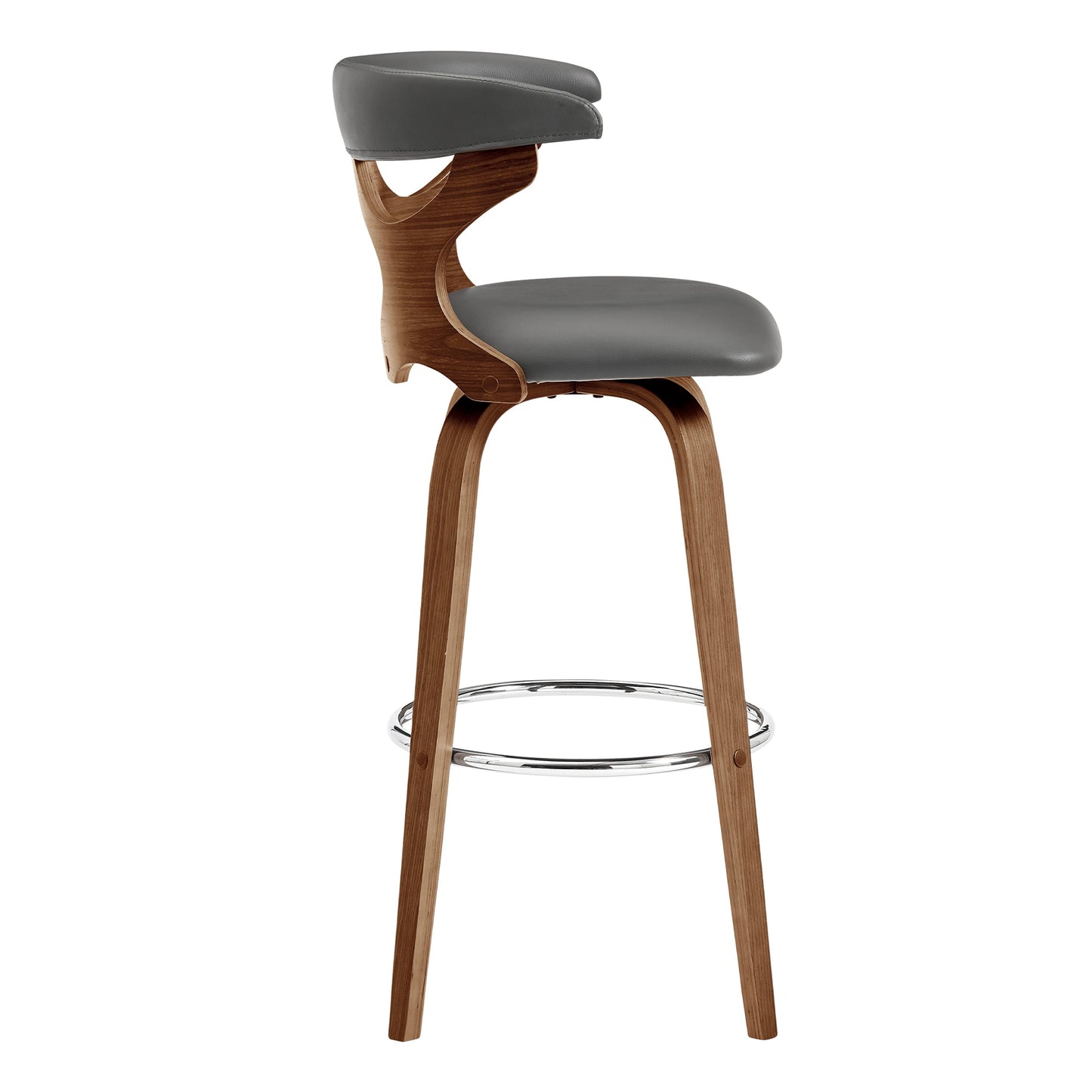 Zenia 30" Swivel Bar Stool in Gray Faux Leather and Walnut Wood