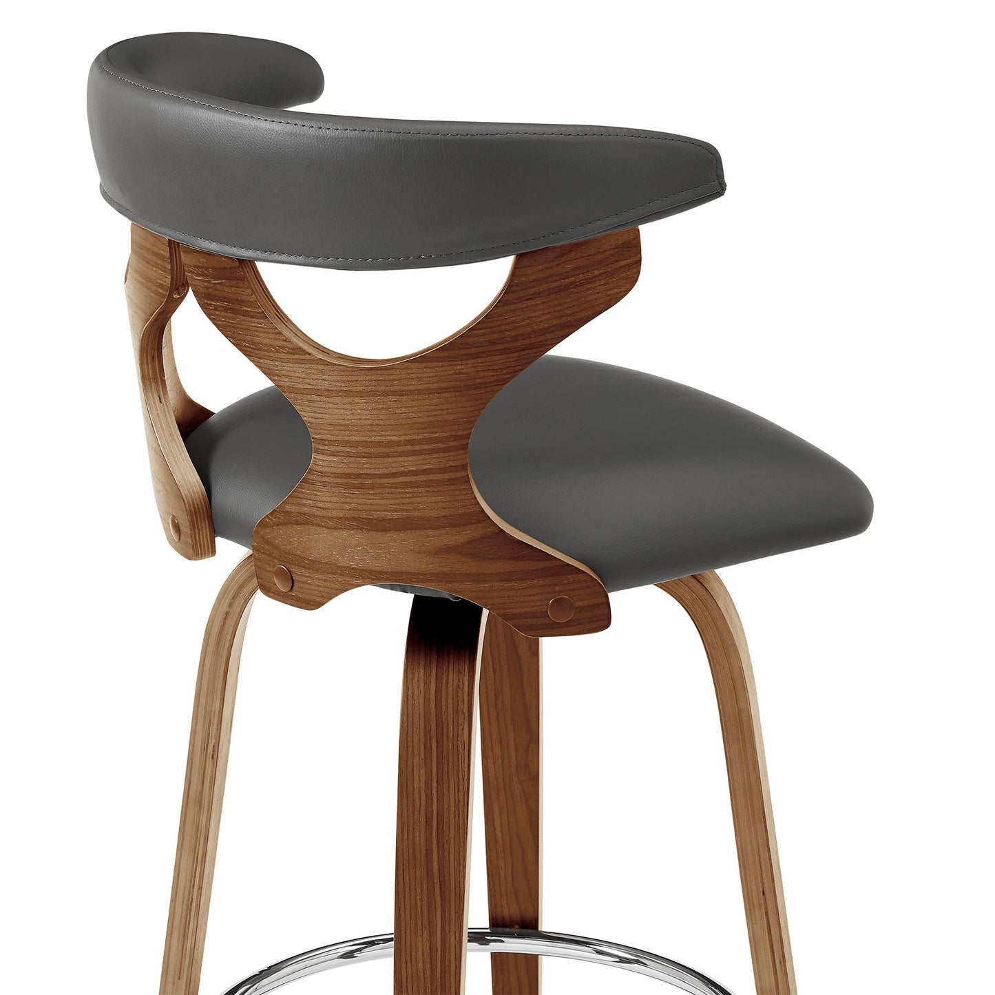 Zenia 30" Swivel Bar Stool in Gray Faux Leather and Walnut Wood