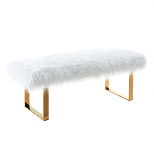 Zinna Contemporary Bench in White Fur and Gold Stainless Steel Finish