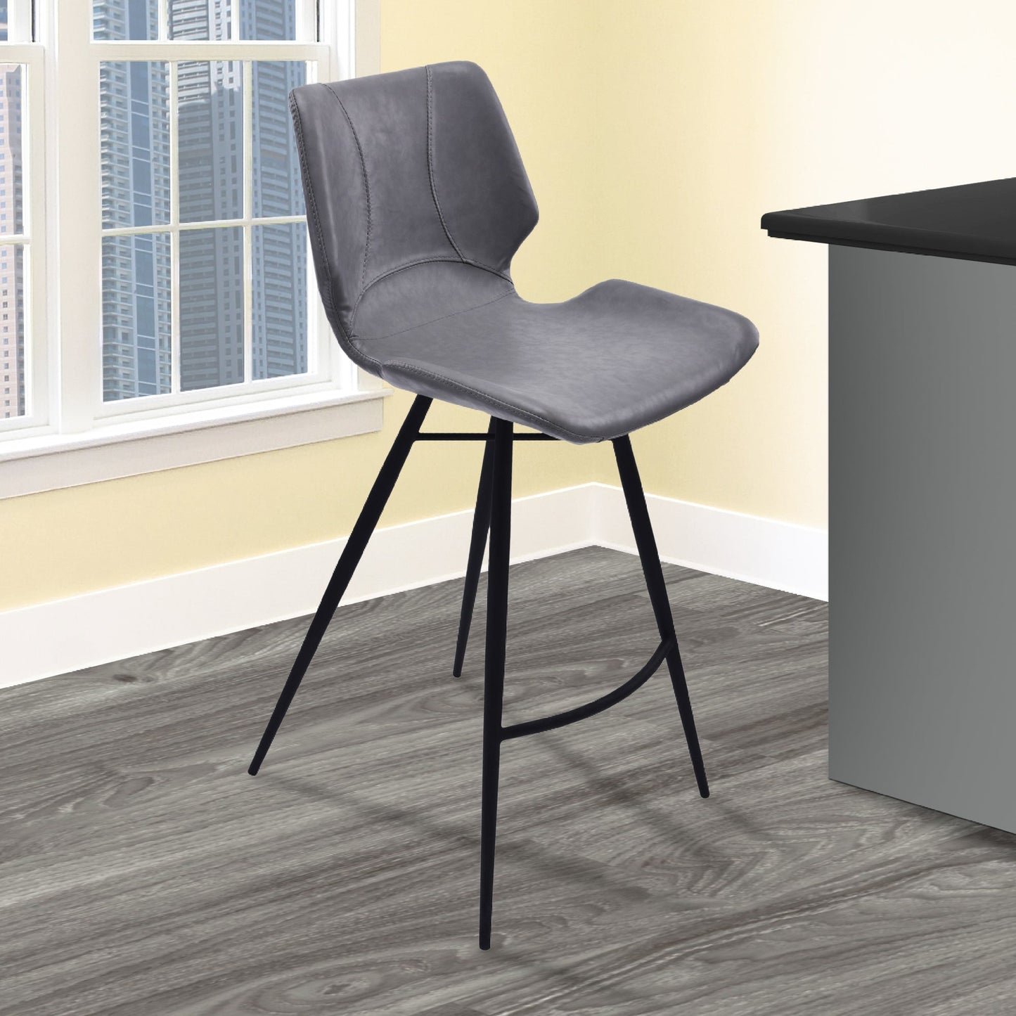 Zurich 26" Counter Height Metal Barstool in Vintage Gray Faux Leather and Black Metal Finish