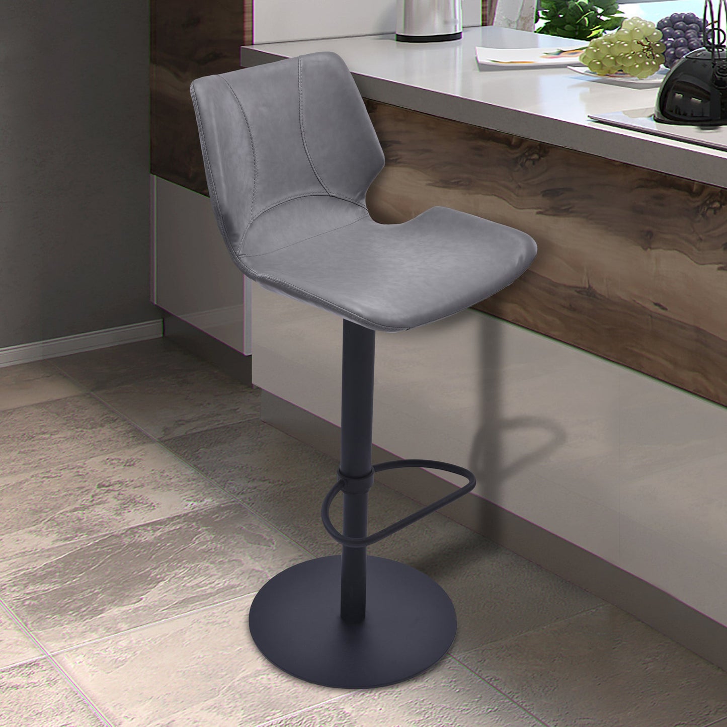 Zuma Adjustable Swivel Metal Barstool in Vintage Gray Faux Leather and Black Metal Finish