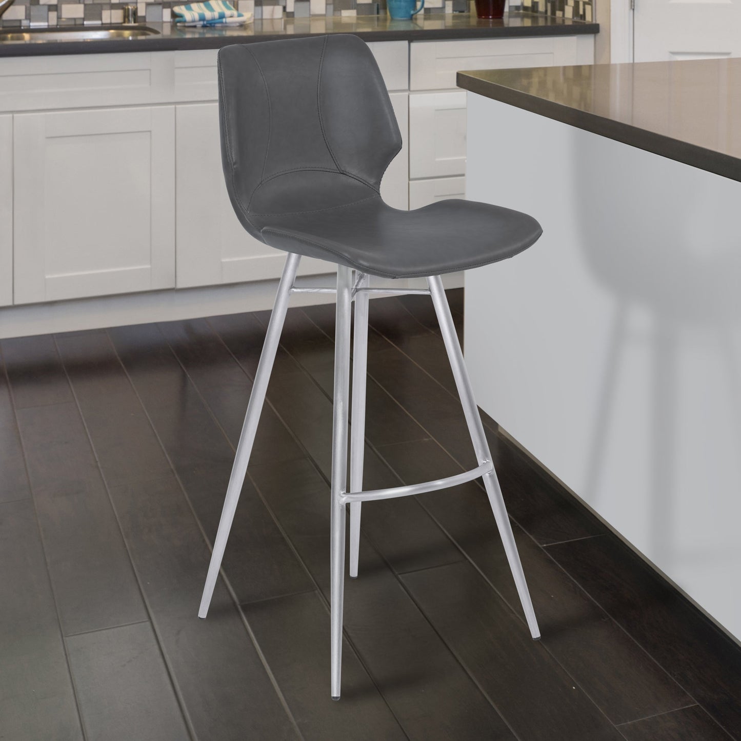 Zurich 26" Counter Height Metal Barstool in Vintage Gray Faux Leather with Brushed Stainless Steel Finish