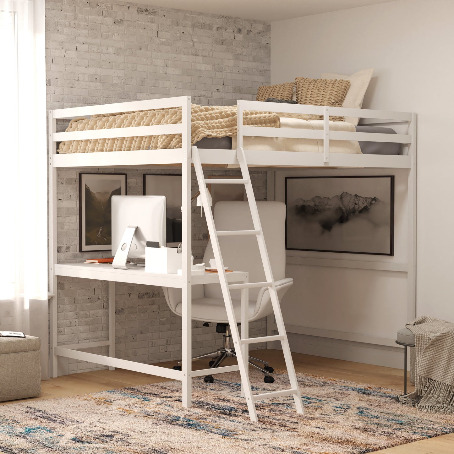 White Full Loft Bed Frame MH-LBD5-WH-F-GG