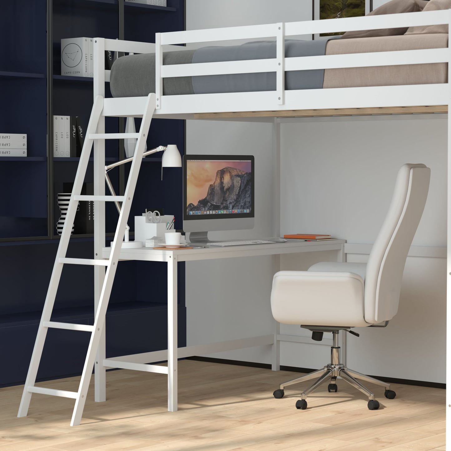 White Full Loft Bed Frame MH-LBD5-WH-F-GG