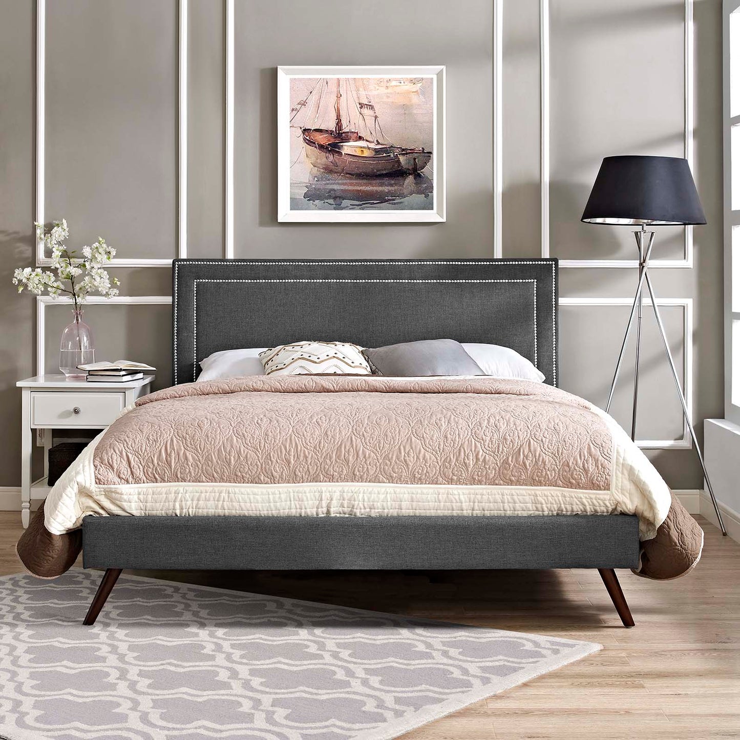 Virginia Queen Fabric Platform Bed with Round Splayed Legs Gray MOD-5915-GRY