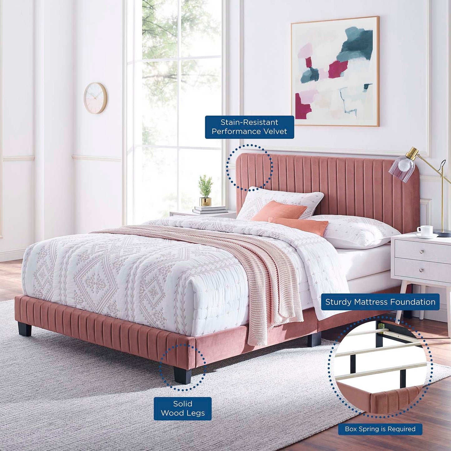 Celine Channel Tufted Performance Velvet King Bed Dusty Rose MOD-6329-DUS