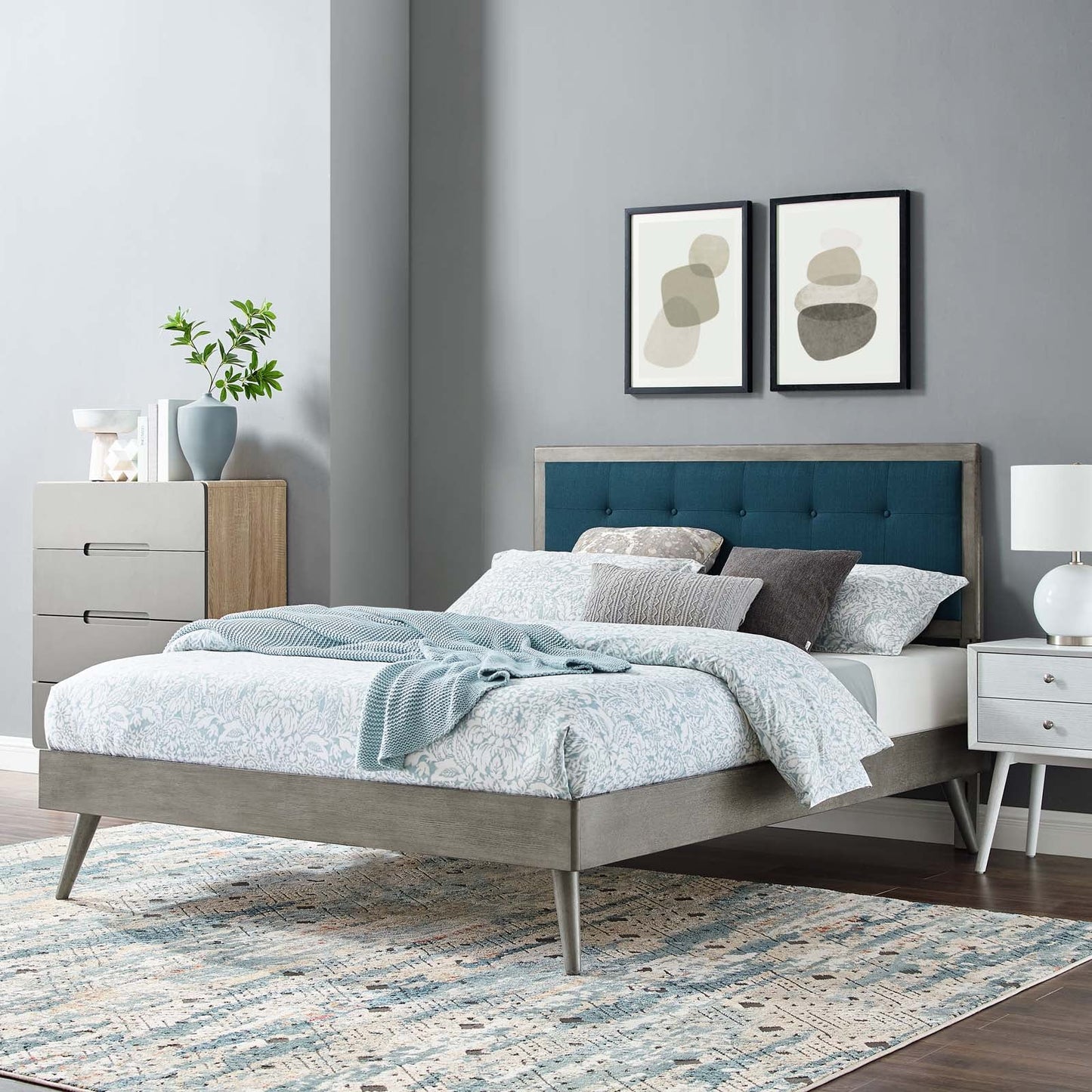 Willow Queen Wood Platform Bed With Splayed Legs Gray Azure MOD-6385-GRY-AZU