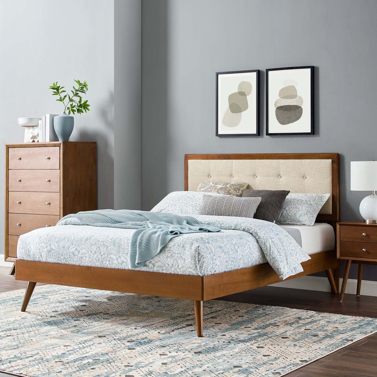 Willow Queen Wood Platform Bed With Splayed Legs Walnut Beige MOD-6385-WAL-BEI