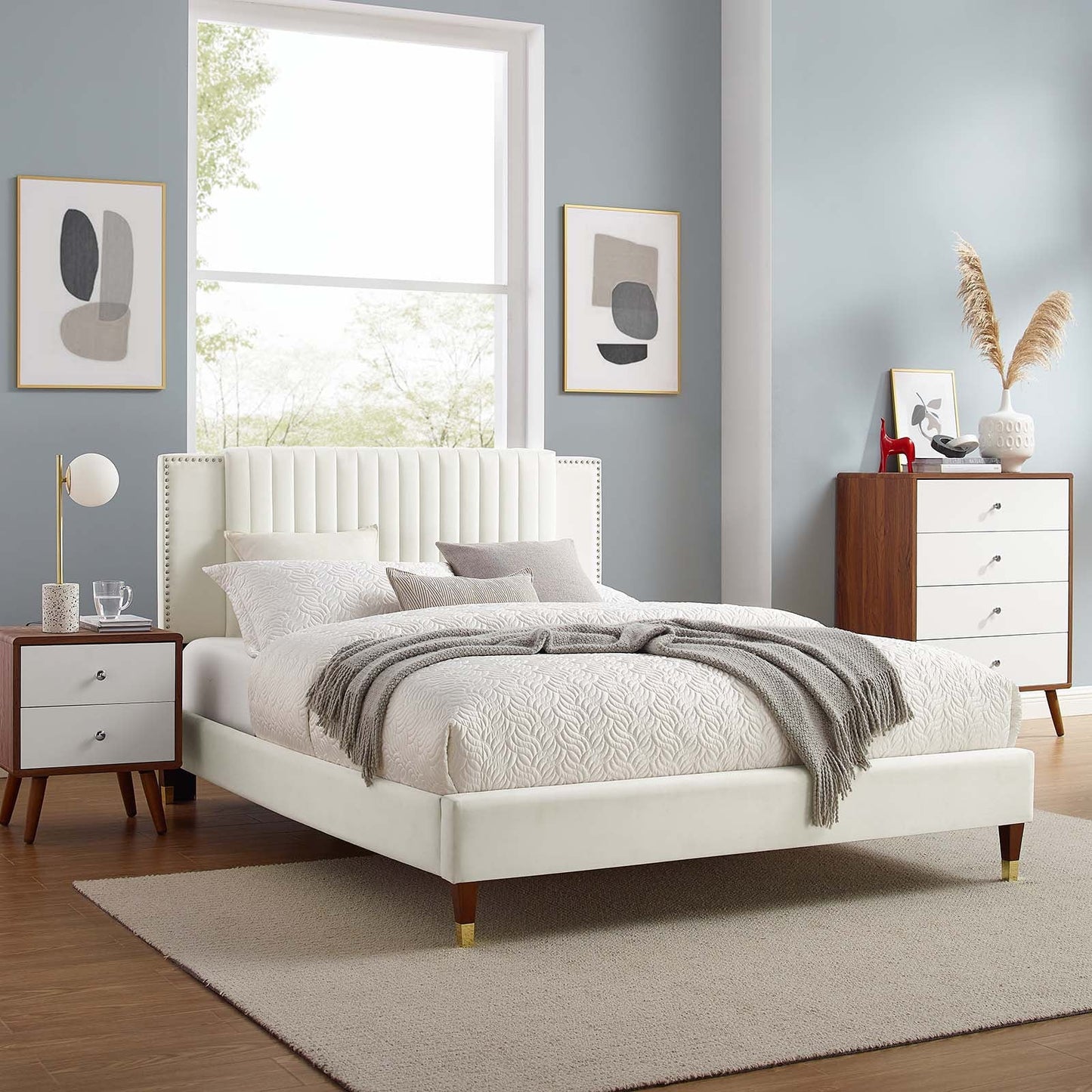 Zahra Channel Tufted Performance Velvet Queen Platform Bed White MOD-6970-WHI