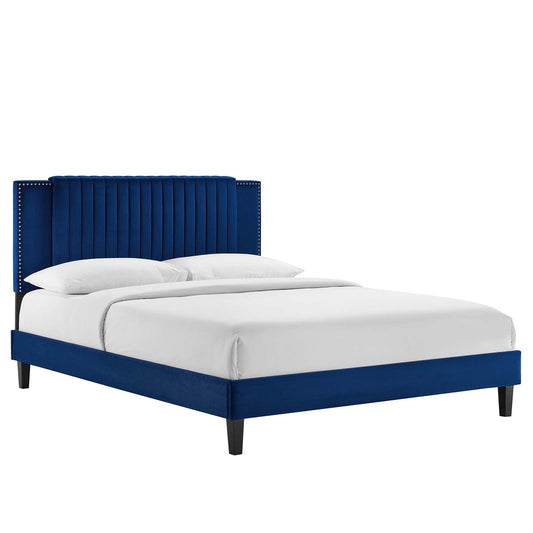 Zahra Channel Tufted Performance Velvet Queen Platform Bed Navy MOD-6974-NAV