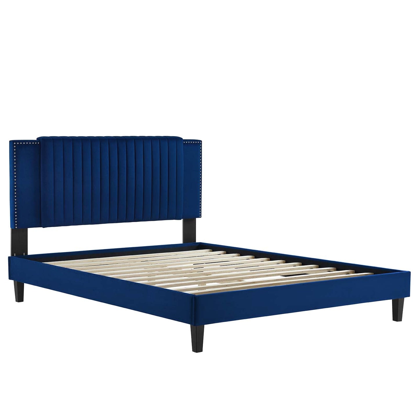 Zahra Channel Tufted Performance Velvet Queen Platform Bed Navy MOD-6974-NAV