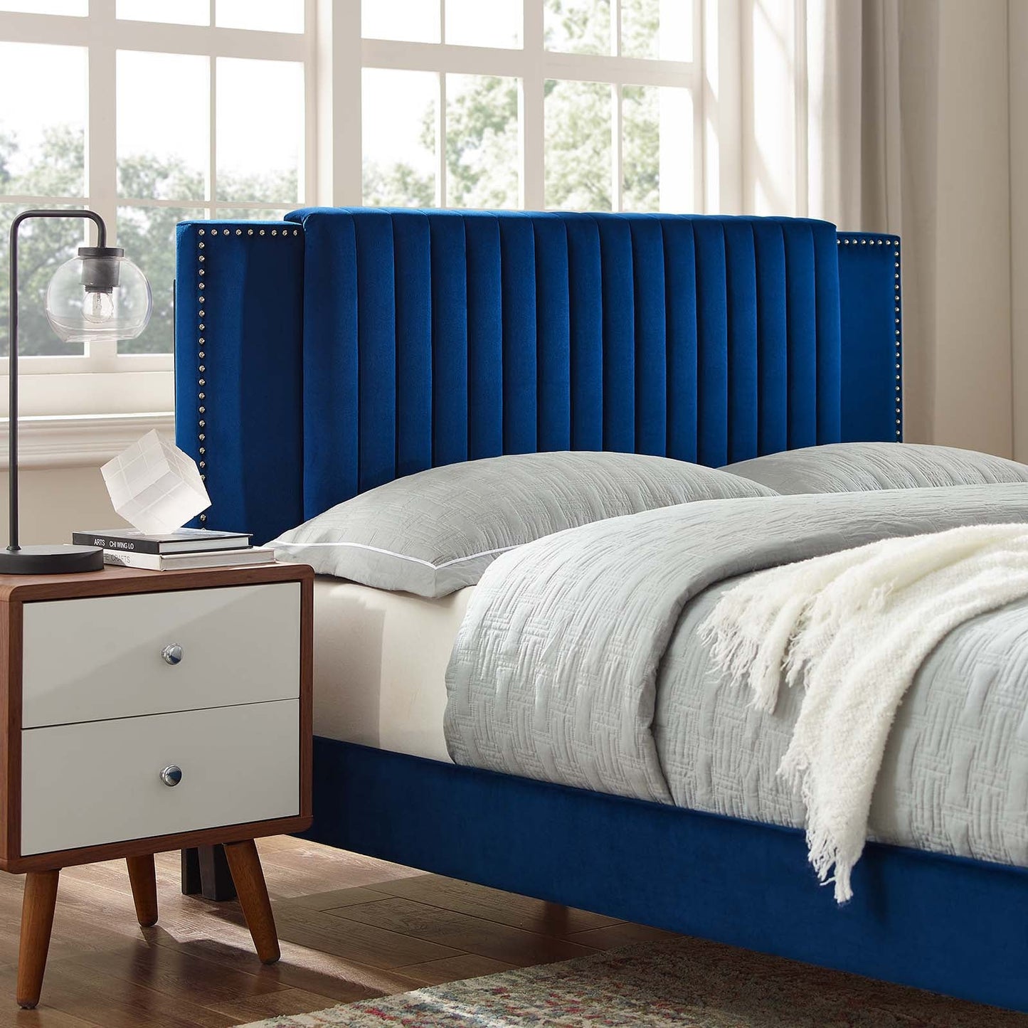 Zahra Channel Tufted Performance Velvet Queen Platform Bed Navy MOD-6974-NAV