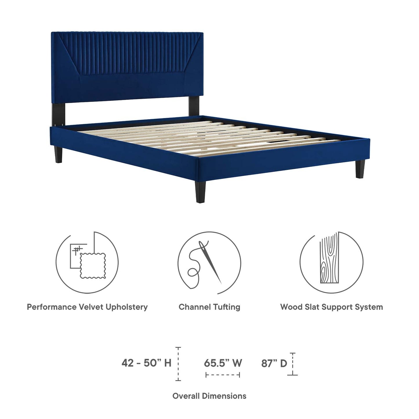 Yasmine Channel Tufted Performance Velvet Queen Platform Bed Navy MOD-6976-NAV