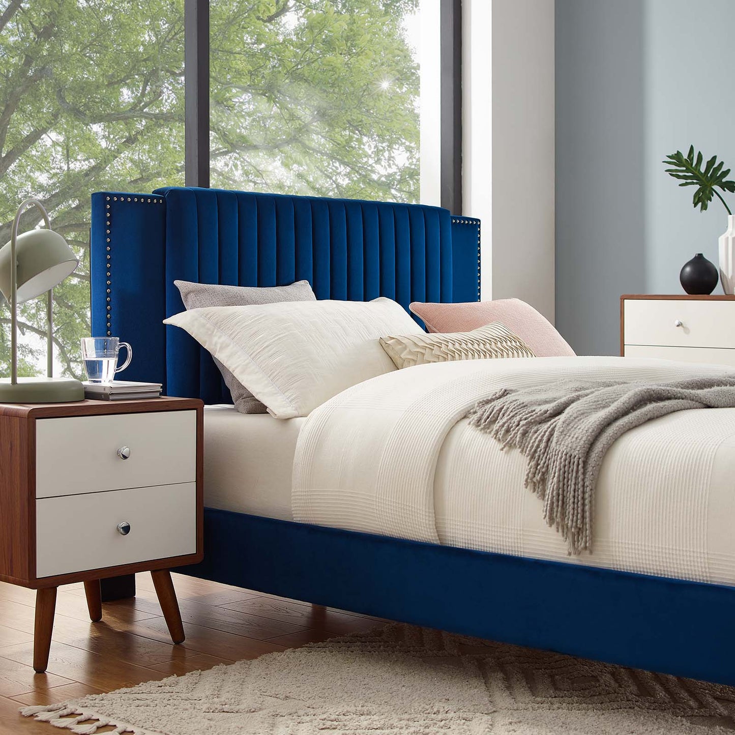 Zahra Channel Tufted Performance Velvet Queen Platform Bed Navy MOD-6978-NAV