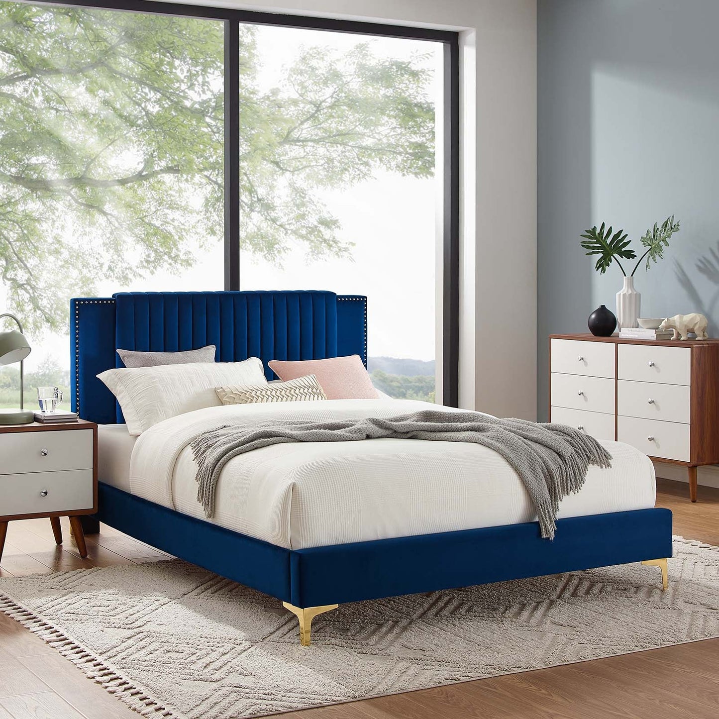 Zahra Channel Tufted Performance Velvet Queen Platform Bed Navy MOD-6978-NAV