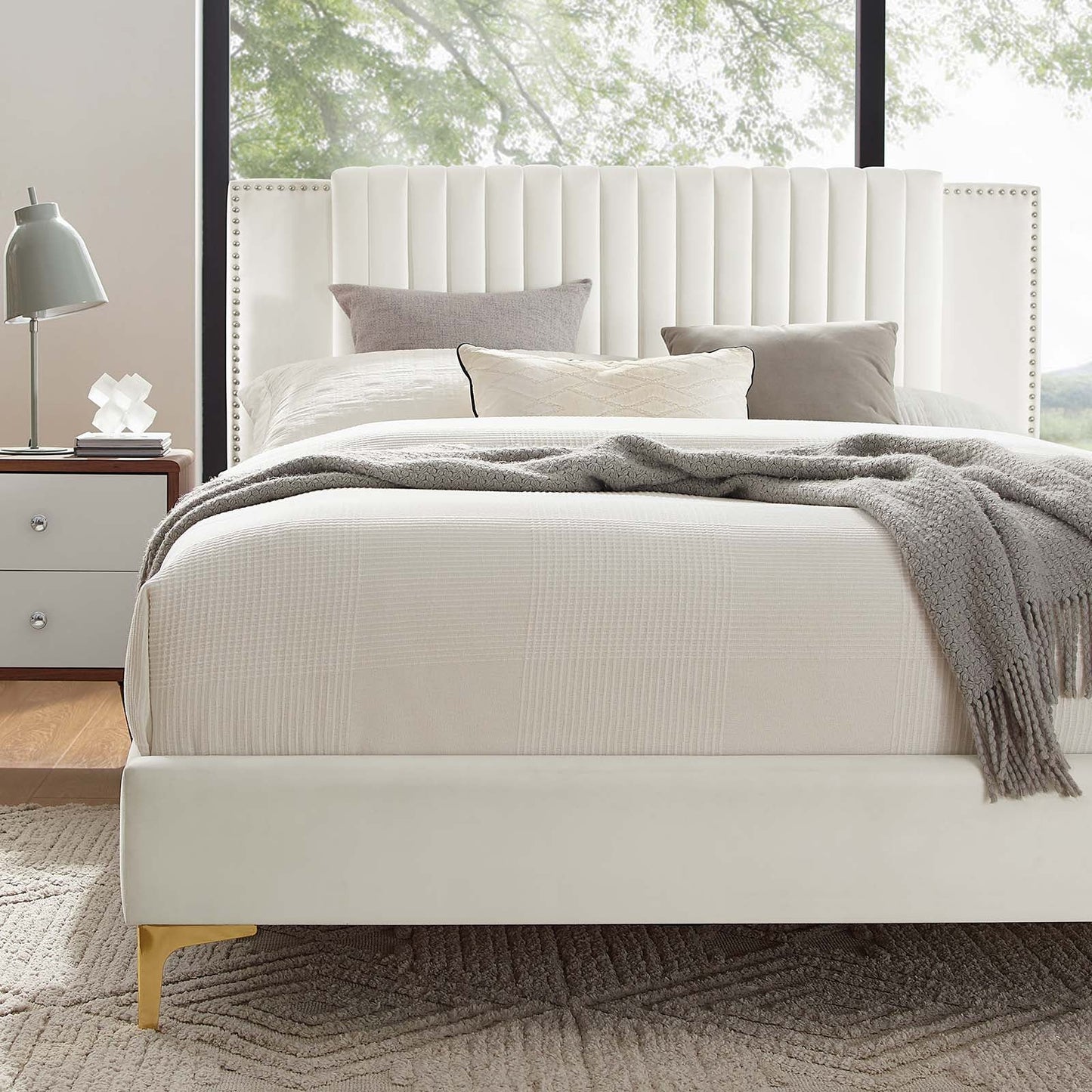 Zahra Channel Tufted Performance Velvet Queen Platform Bed White MOD-6978-WHI