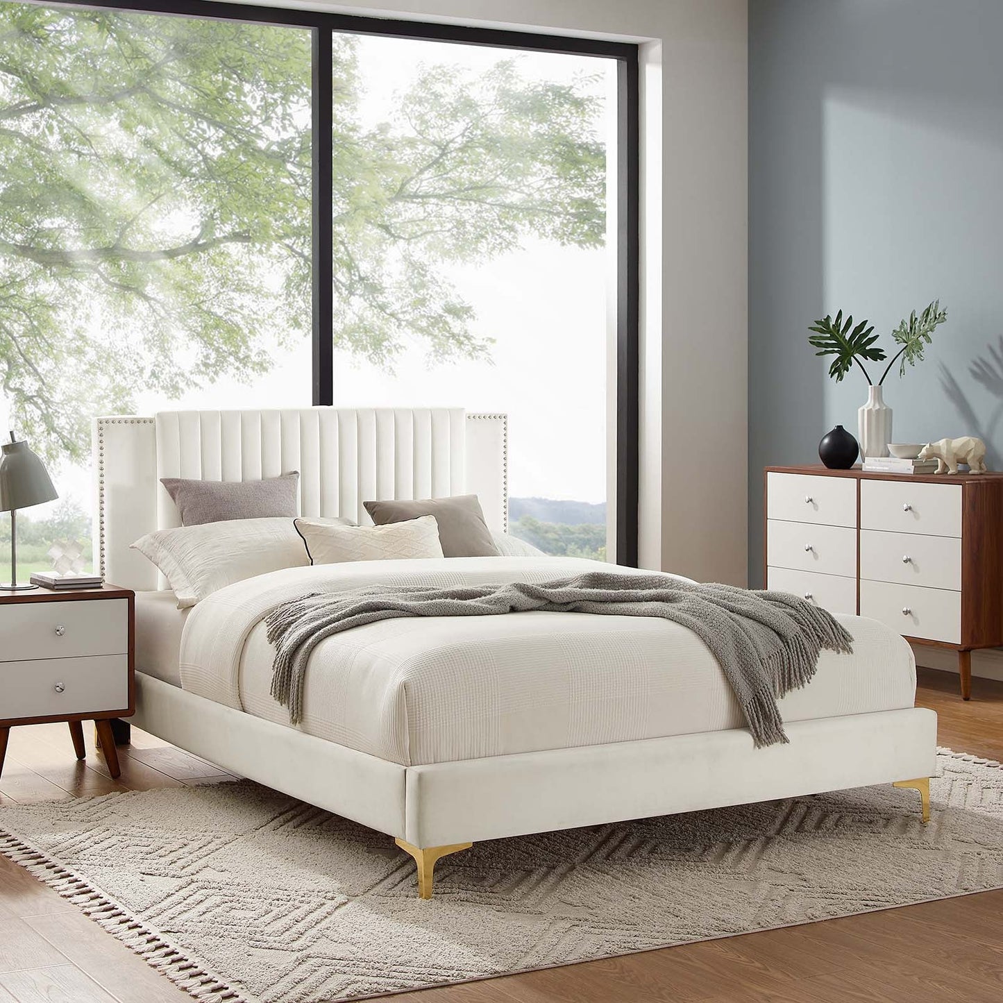 Zahra Channel Tufted Performance Velvet Queen Platform Bed White MOD-6978-WHI