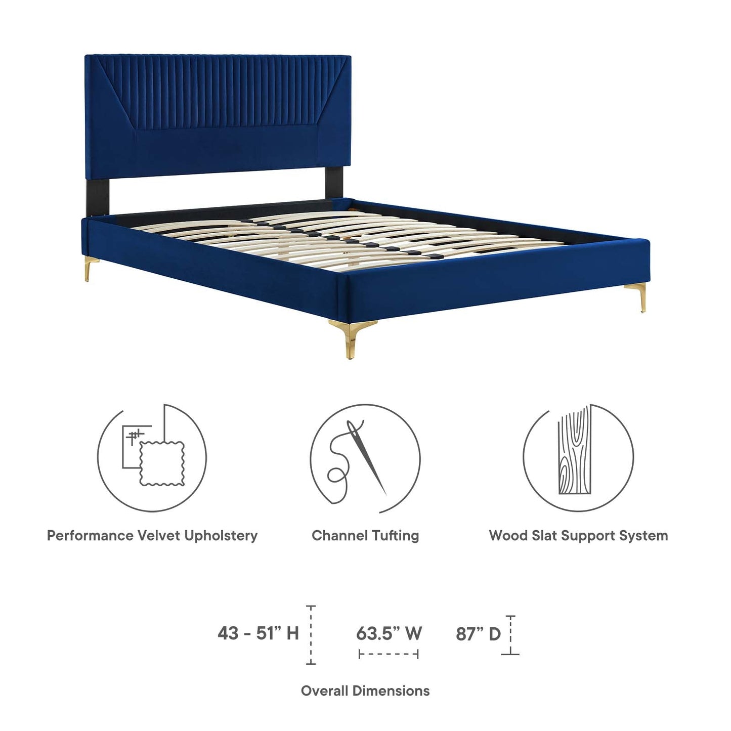 Yasmine Channel Tufted Performance Velvet Queen Platform Bed Navy MOD-6980-NAV