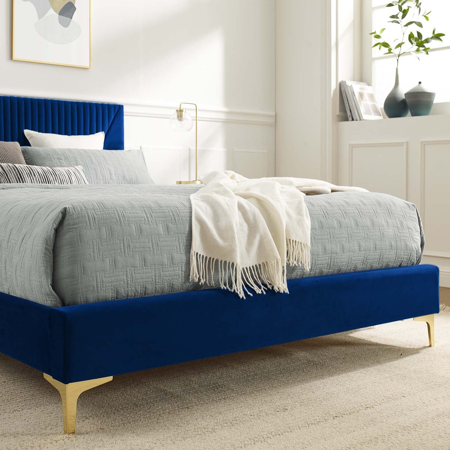 Yasmine Channel Tufted Performance Velvet Queen Platform Bed Navy MOD-6980-NAV