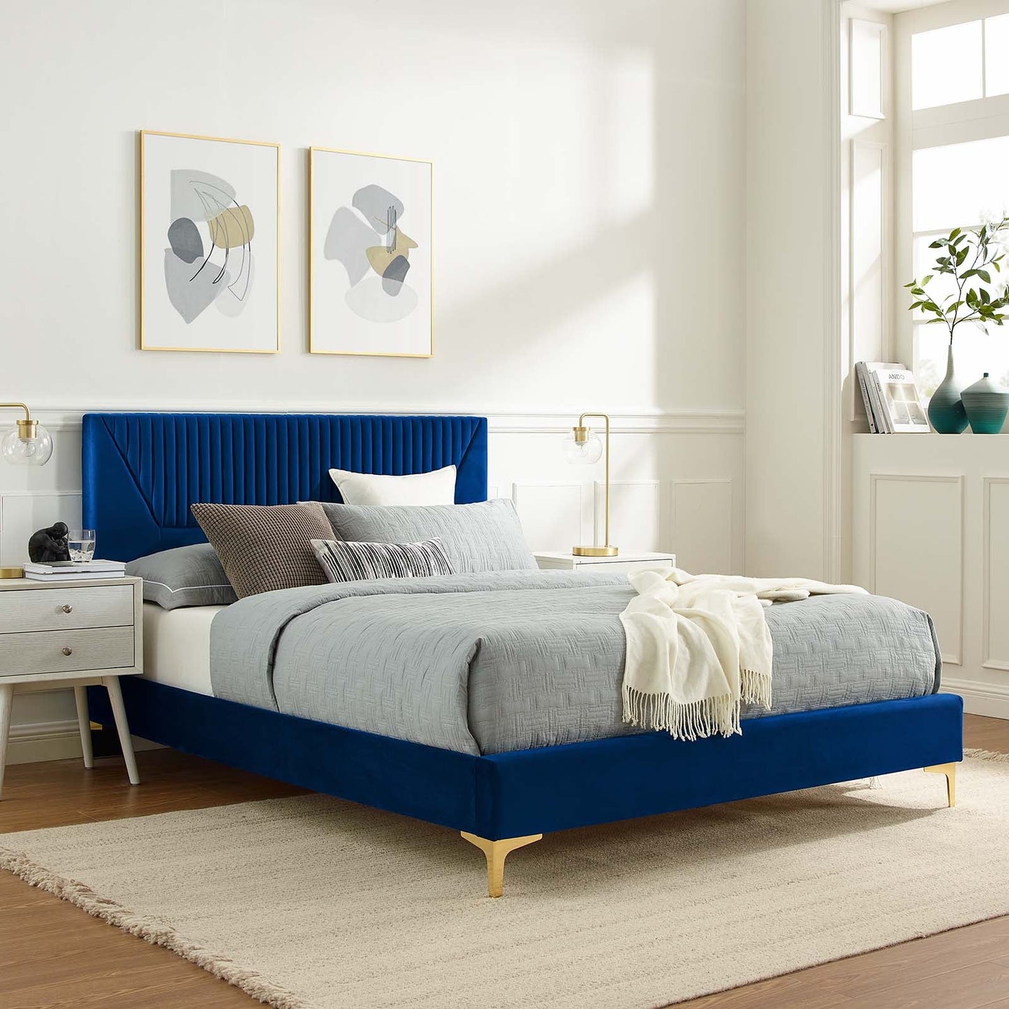 Yasmine Channel Tufted Performance Velvet Queen Platform Bed Navy MOD-6980-NAV