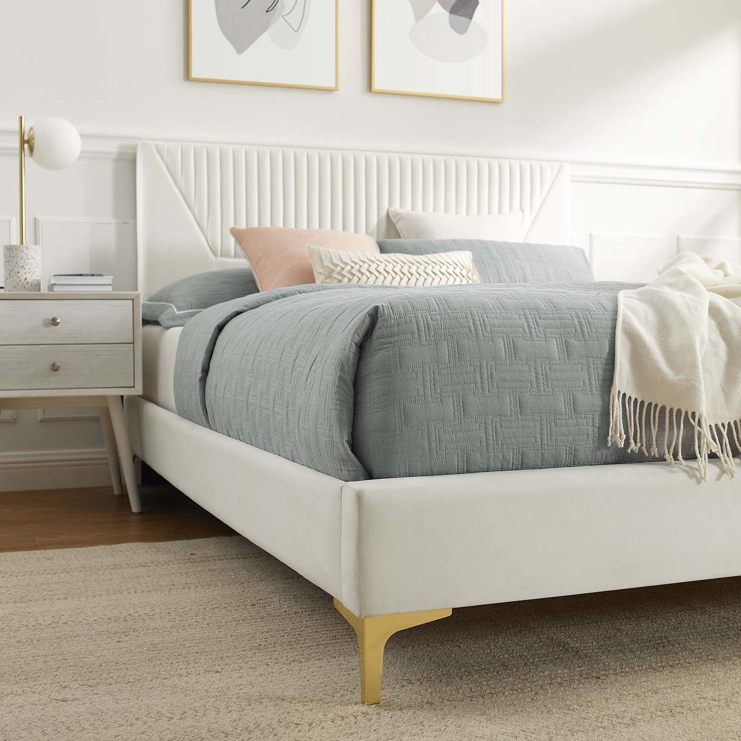 Yasmine Channel Tufted Performance Velvet Queen Platform Bed White MOD-6980-WHI