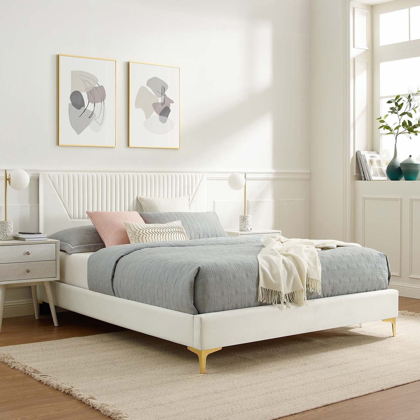 Yasmine Channel Tufted Performance Velvet Queen Platform Bed White MOD-6980-WHI