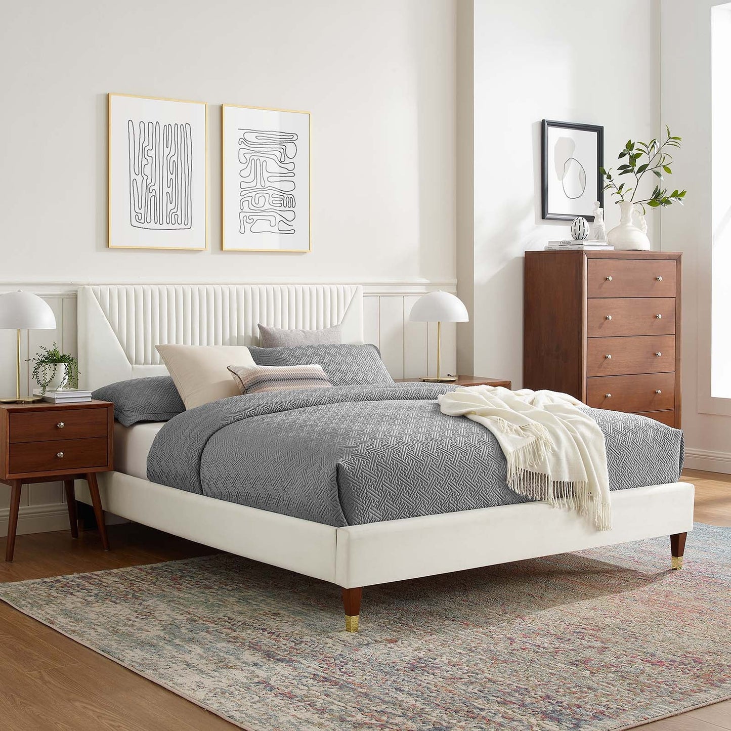 Yasmine Channel Tufted Performance Velvet Full Platform Bed White MOD-7000-WHI