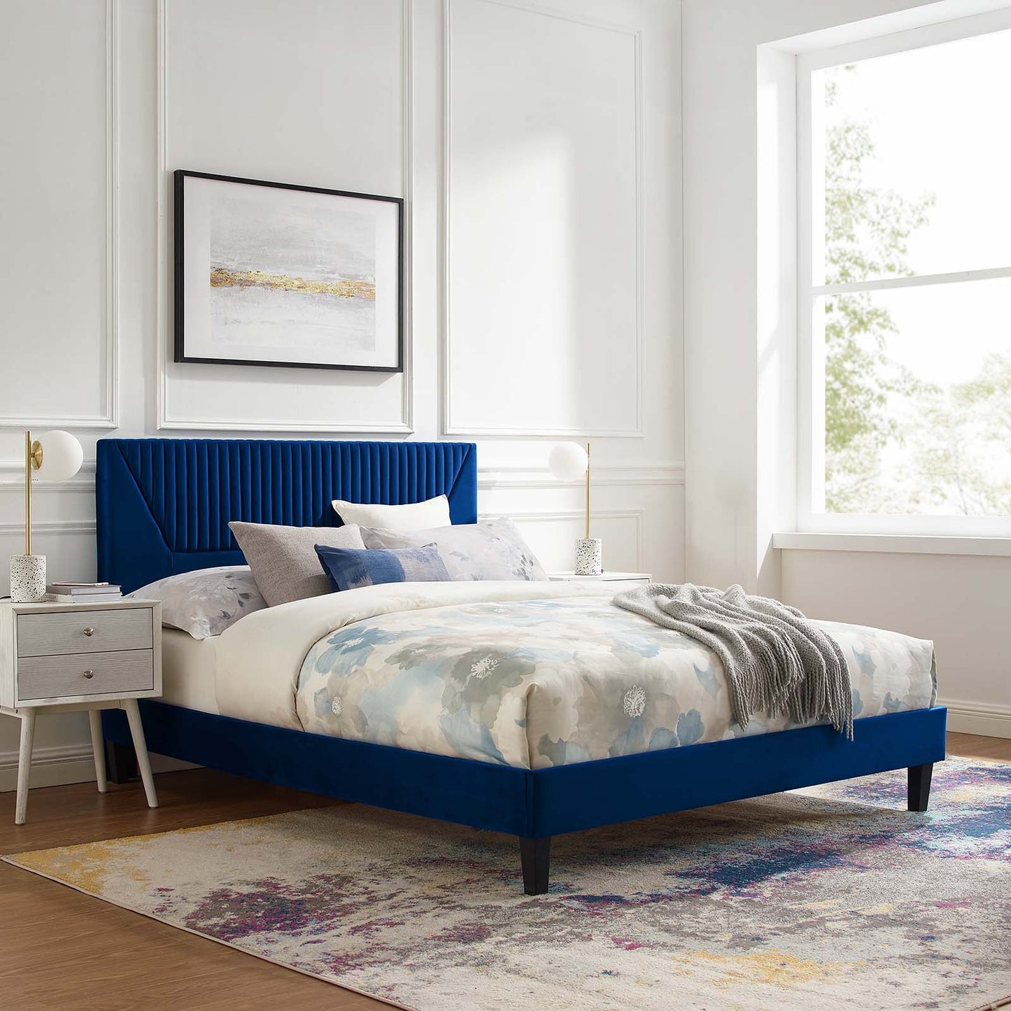 Yasmine Channel Tufted Performance Velvet Full Platform Bed Navy MOD-7004-NAV