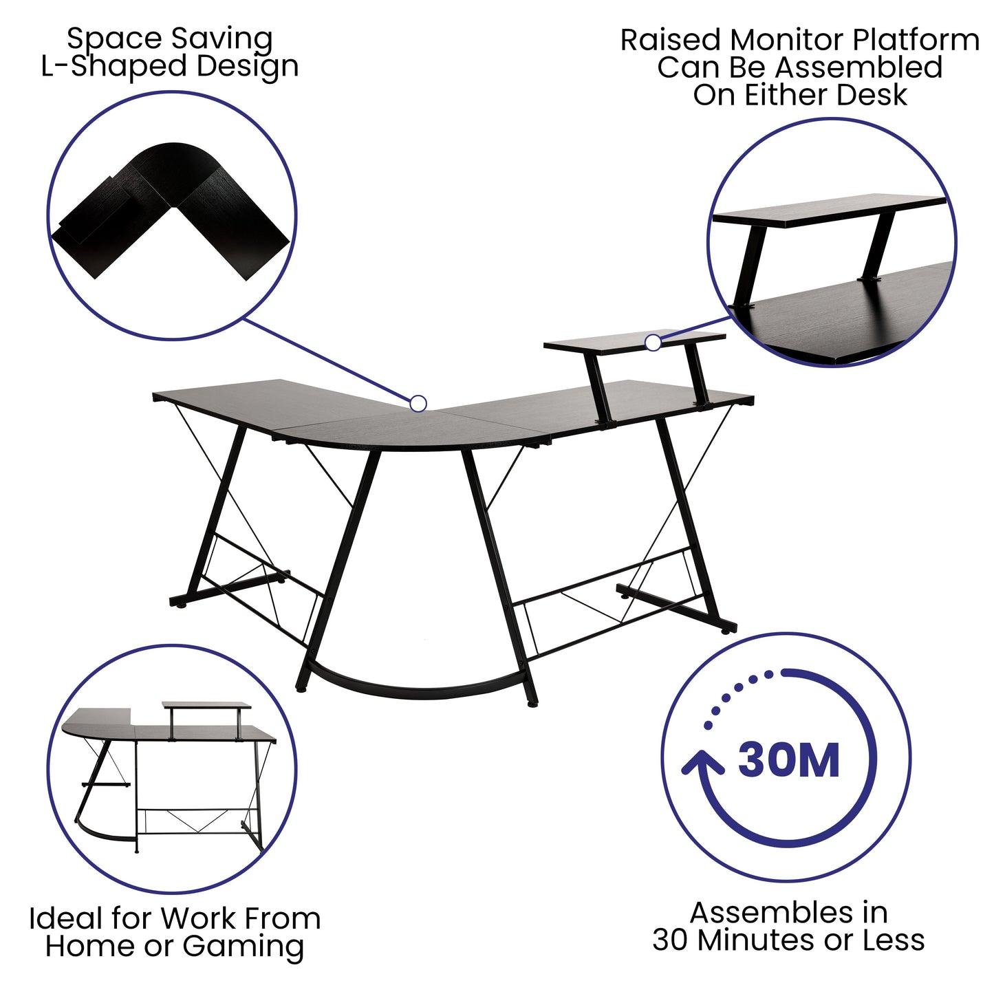 L-Shaped Computer Gaming Desk NAN-CD-22181-BK-BK-GG