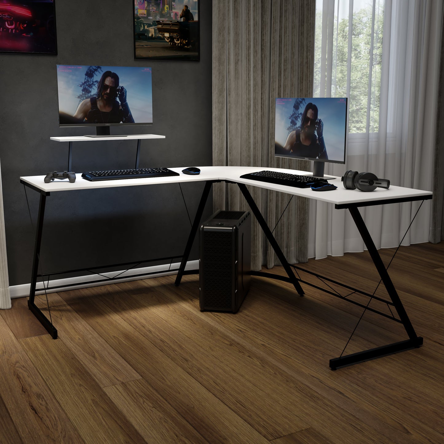 L-Shaped Computer Gaming Desk NAN-CD-22181-WH-BK-GG