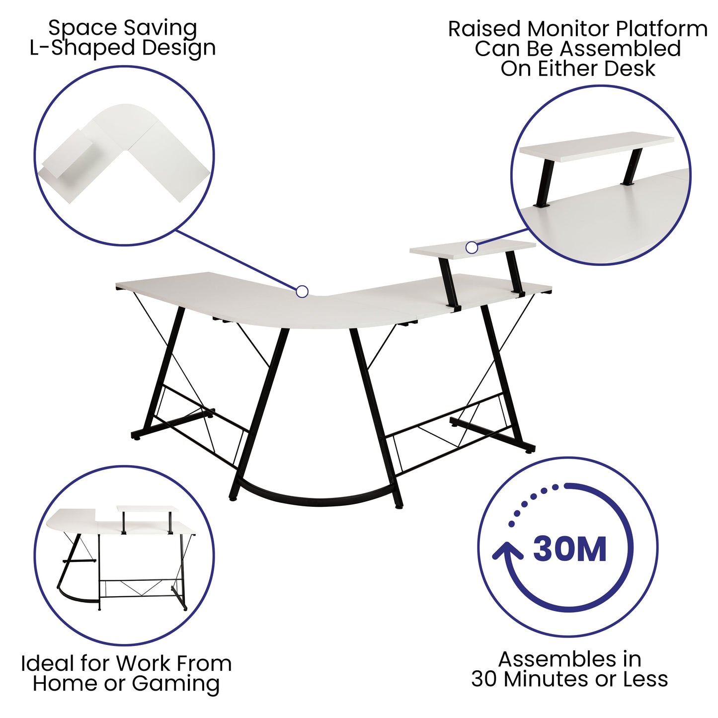 L-Shaped Computer Gaming Desk NAN-CD-22181-WH-BK-GG