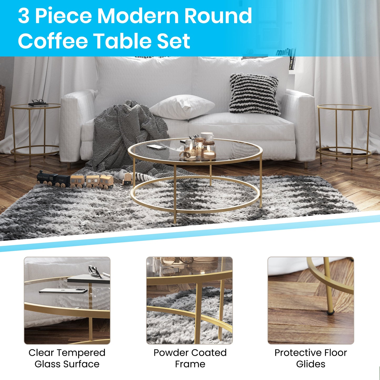 3 Piece Glass Coffee Table Set NAN-CEK-1-GG