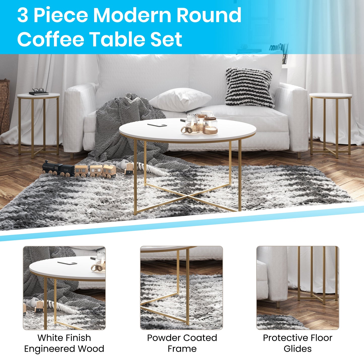 3 Piece White Coffee Table Set NAN-CEK-12-GG